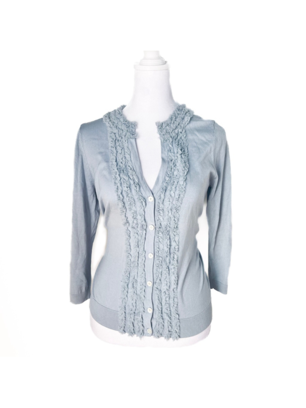 Talbots Silk Blend Cardigan Sweater Light Blue V-Neck Button Ruffle Cottage Sz S